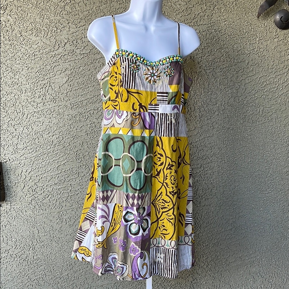 No.117 CAbi Yellow Green Purple Floral Beaded Spaghetti Strap Sundress Size 8